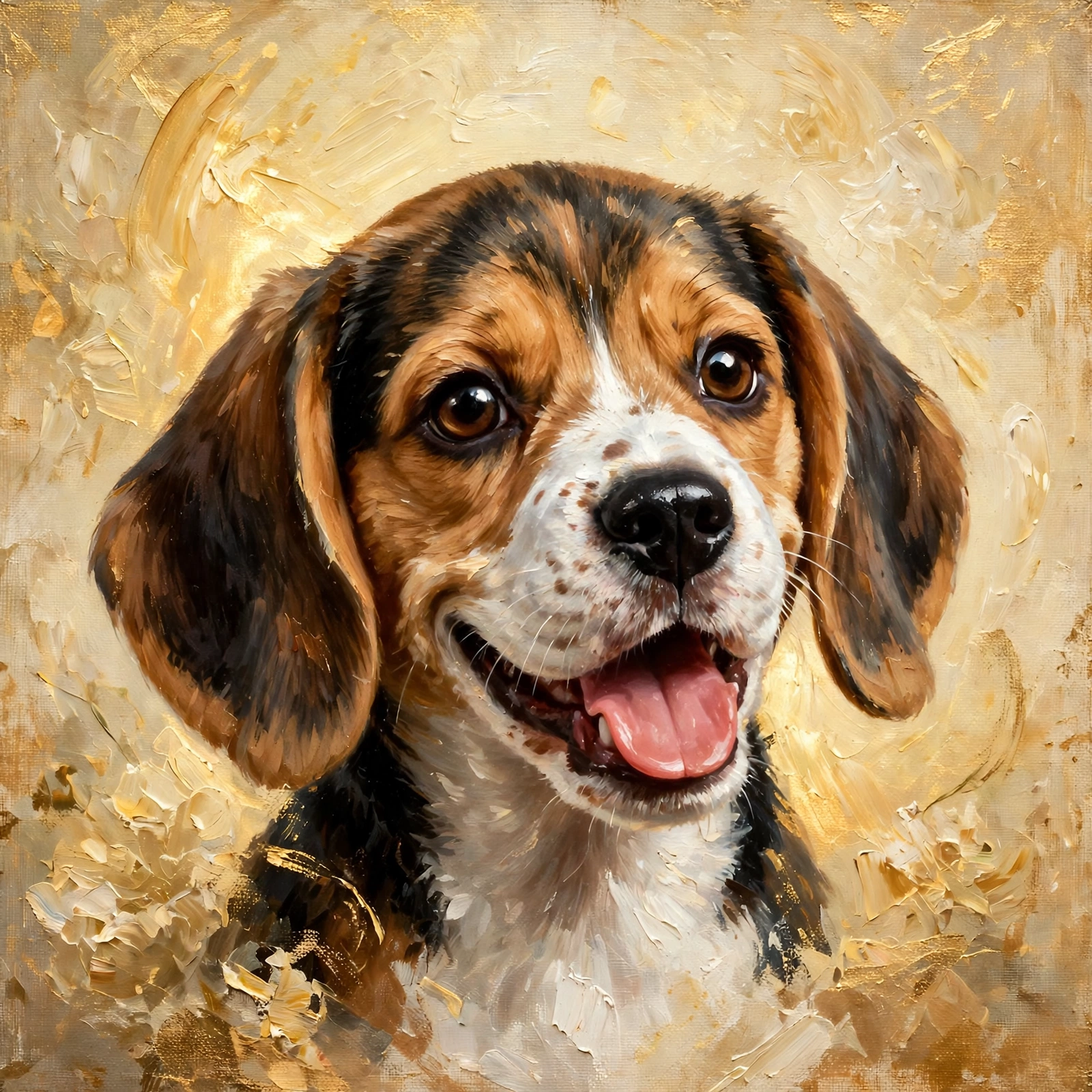 Joyful oil portrait of a smiling beagle puppy against a warm golden background