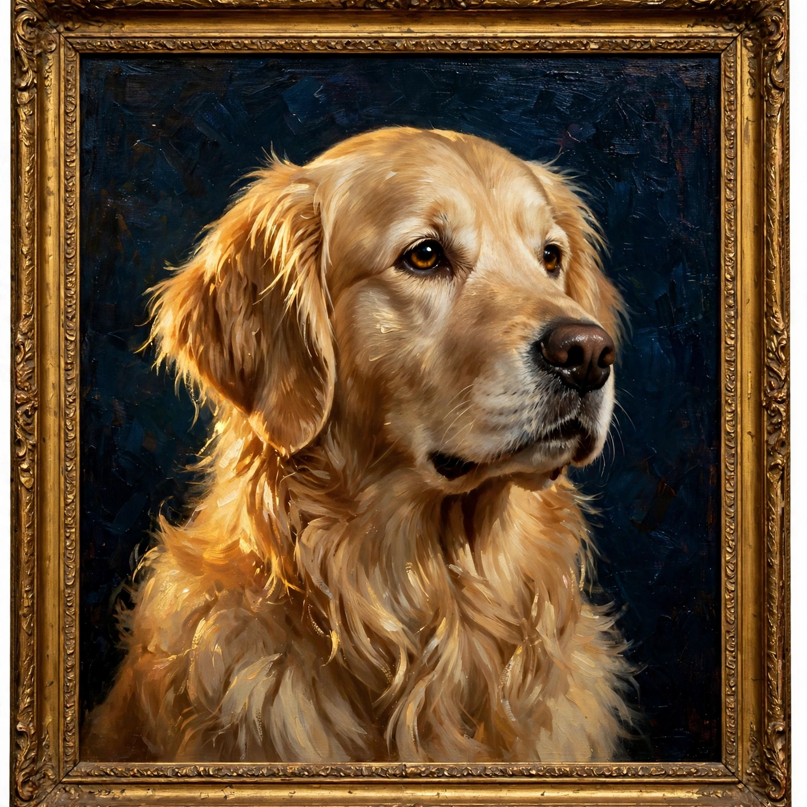 Classic oil portrait of a golden retriever in an ornate gold frame, painted from a photo