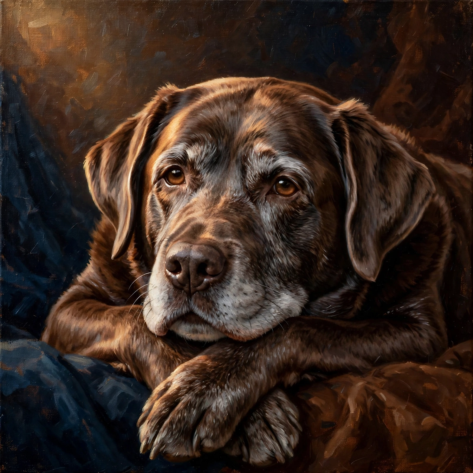 Classic oil memorial portrait of a senior chocolate Labrador with a grey muzzle, resting peacefully
